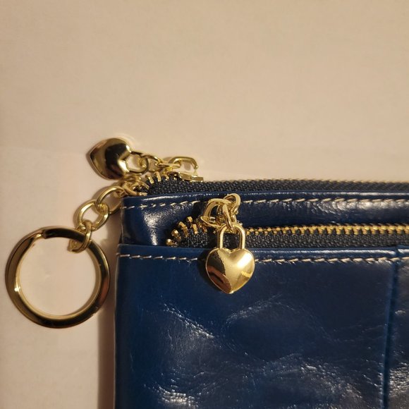 CB Embossed colbalt blue patent leather small 3 zip pouch w/ key chain - Picture 6 of 7